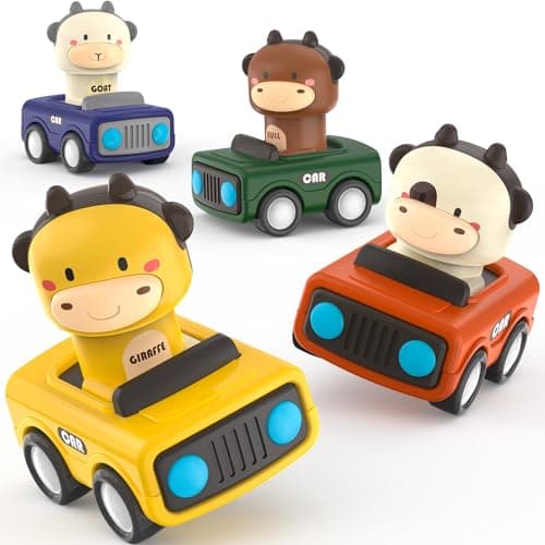MOONTOY Petite Voiture Enfant 1 2 3 Ans,Lot de 4 Voiture Jouet Bebe 1 an,Jouets Friction Véhicules,Animaux Mignons Camion Jouet,Jeux Éducatifs idee Cadeau pour 9 12 18 24 Mois Garçons Filles