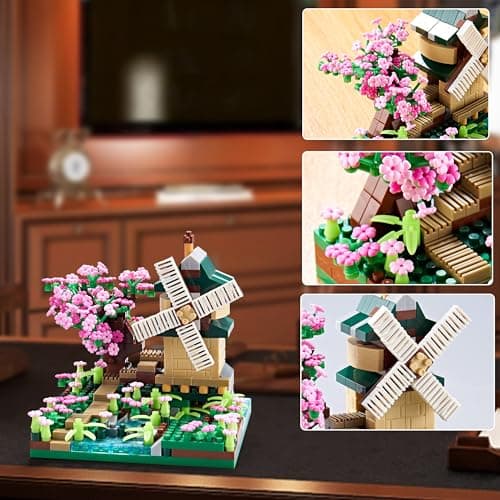 Tirff Architecture RivièRe Moulin à Vent Arbre Sakura Micro Blocs De Construction Ensemble Arbres Jouets Fleurs pour Filles, Un Kit De ModèLe De Fleur De Cerisier Cadeau Bricolage