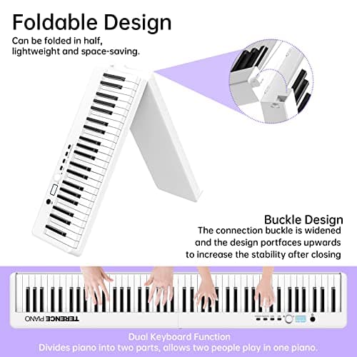 TERENCE Pliable Piano Numérique avec 88 Touches semi-lestées et Batterie de 1800mAh et interface USB MIDI support de partitions Bluetooth Sacs pour Clavier Câble audio Casque Pédale de sustain Blanc