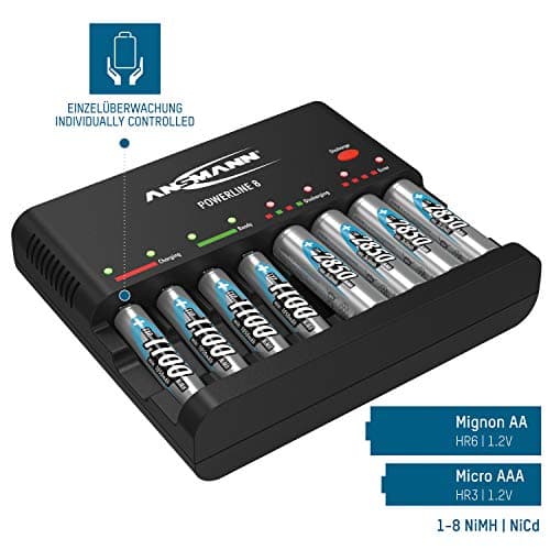 ANSMANN Chargeur de Piles Powerline 8 (1 PCE) – Chargeur Intelligent pour 1 à 8 Piles rechargeabkes NiMH AA/AAA – Chargeur Auto avec Programme de Charge et décharge