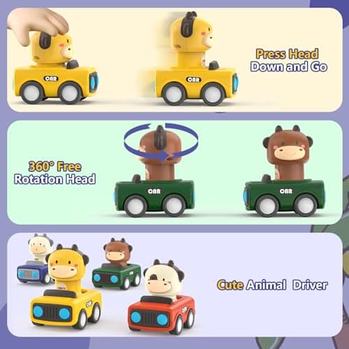 MOONTOY Petite Voiture Enfant 1 2 3 Ans,Lot de 4 Voiture Jouet Bebe 1 an,Jouets Friction Véhicules,Animaux Mignons Camion Jouet,Jeux Éducatifs idee Cadeau pour 9 12 18 24 Mois Garçons Filles