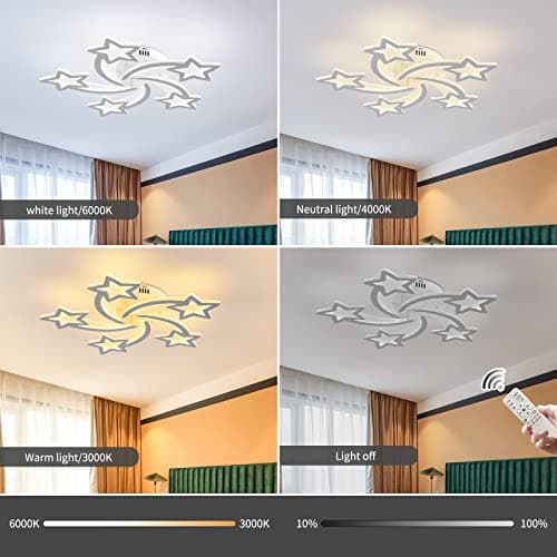 Qcyuui Dimmable Led Plafonnier 60w Plafonnier Acrylique Moderne, Lustre De Forme 5 Étoiles Éclairage Pour Plafond De Salon De Chambre D'enfant, Télécommande Inclus