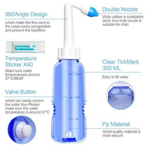 Rseuphiee Lavage Nez, 300ml Seringue Nasale Adulte, 40 Sachets de Sel Nasal, Irrigation Nasale, Douche Nasale pour Adulte, Kit de Douche Nasale avec Flacon, pour Adultes Enfants Nettoyage Quotidien.