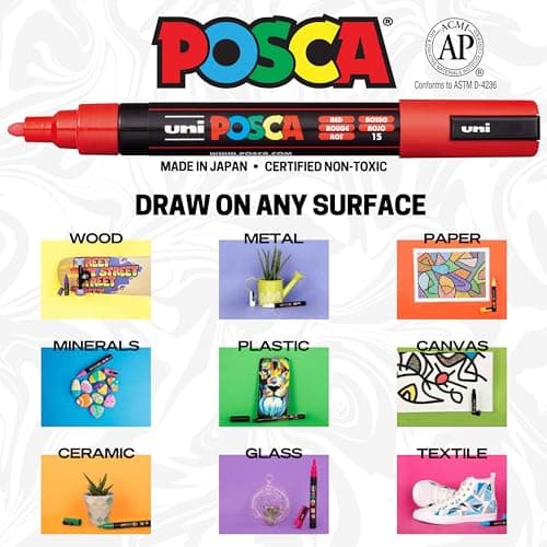 POSCA Mitsubishi Pencil - 8 Marqueurs PC3M - Pointe Conique Pointe Fine - Marqueurs Peinture à Base d'Eau - Tout Support - Pour Papier, Textile, Verre, Galet, Bois - Couleurs Classiques