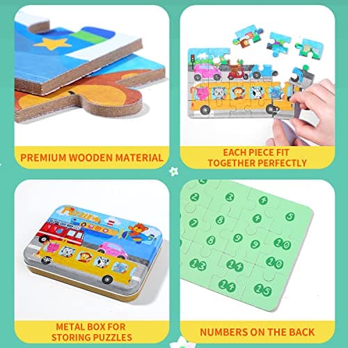 BBLIKE Boîte de 4 Puzzles en Bois pour Enfants, avec différents degrés de difficulté, Outil d'apprentissage éducatif - Meilleur Cadeau d'anniversaire pour garçons et Filles (série de Transport)