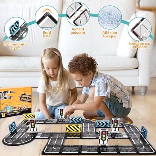 BuzzoXerex Construction Magnetique Routes, 50 Pièces Magnetic Tiles, Bloc de Construction Magnétique Éducatifs Cadeau pour Fille Garçon 3 4 5 6 Ans