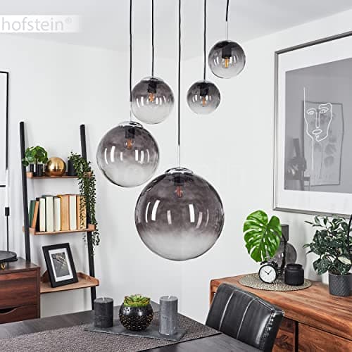 Suspension Degevos, plafonnier à 5 flammes en métal/verre chromé/fumé, suspension moderne avec boules en verre véritable, hauteur max. 120 cm, E27, sans ampoules