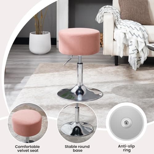 WOLTU Tabouret de Maquillage, Tabouret de Bar Rond, Tabouret Réglable en Hauteur, Tabouret Pivotant sur Socle Évasé en Métal, Tabouret Rembourré, en Velours Côtelé, Rose, BH409rs-1