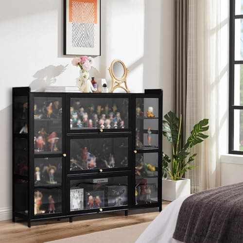Vitrine pour Collection 53.14in Vitrine en Verre Cadre en Bambou Naturel Meuble Vtrine Verre pour Collection, Vitrine de Collection Acrylique, Résistant à la Poussière, Idéal Pour Salon et Bureau