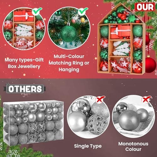 Hejo 70 Pièces Boule de Noel, Réutilisable Decoration Noel Sapin, Rouge Vert & Blanc Ornement Sapin de Noel, Kit Decoration Sapin Noel pour Arbre de Noël, Maison, Décoration de Maison(3cm-11cm)