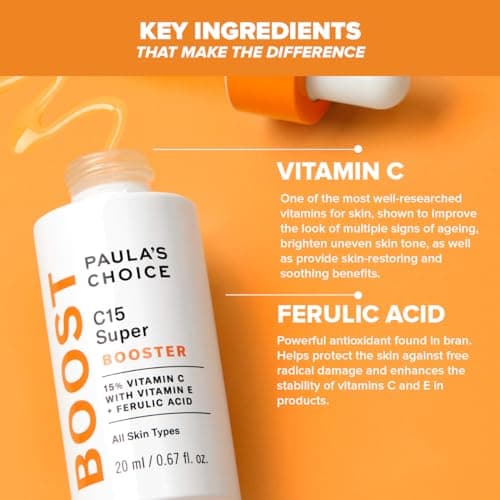 Paula's Choice C15 Vitamine C Super BOOSTER - Anti-Âge Sérum avec 15% Vitamine C - Estompe les Taches Brunes pour une Peau Terne - avec Acide Férulique - Tous Types de Peaux - 20 ml