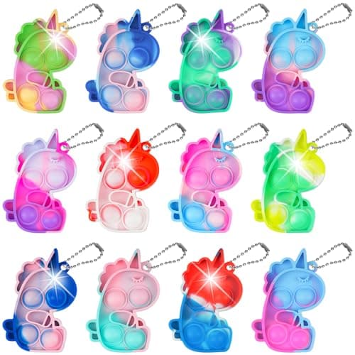 Ainiv 12PCS Mini Pop Push It Fidget Jouet Porte-clés, Licorne Silicone Squeeze Pop Bubble Fidget Bulk Jouets Sensoriels, Poppet Bubble Stress Soulagement Anxiété Jouets pour Autisme,Enfants Adultes