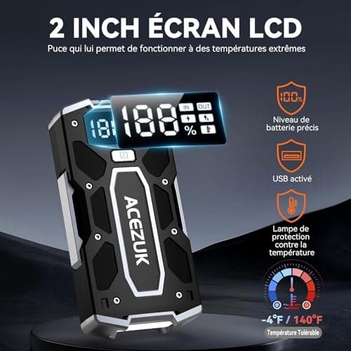ACEZUK Booster Batterie Voiture 5000A, Démarreur de Batterie de Voiture Portable(Jusqu'à 8.0L Diesel ou 10.0L Gaz), 12V Jump Starter, Pinces Intelligentes avec Écran, Lumière LED, Port de QC3.0