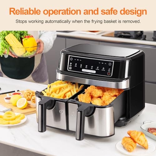 Air Fryer avec Double Compartiment, Emphsism Friteuse Sans Huile 9L Avec 8 Programmes 2600W, Friteuse à Air Chaud, Fonctions Match Cook & Smart Finish, Friteuse Electrique avec LED Écran Tactile