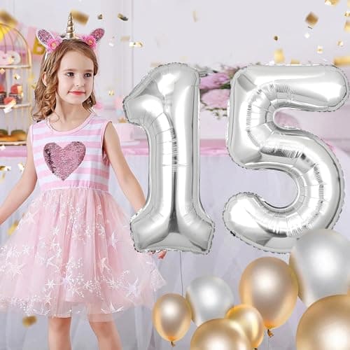 Ballons Anniversaire 15 Argent - 100cm - Ballon Chiffre 15 Numéro 15 - Happy Birthday Decoration Ballons Fête d'anniversaire Ans Vole Grâce à l'Hèlium 15