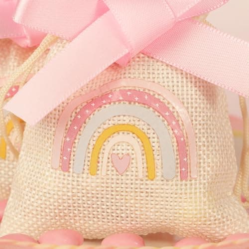BETESSIN 20pcs Sachet Dragées Arc-en-ciel Bohème en Jute pour Baptême Baby Shower Communion 8x10cm