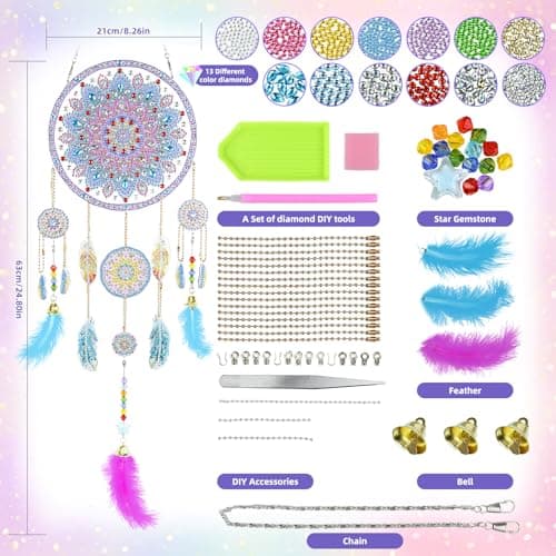 Ulikey Kit Diamond Painting Enfant, Kit de Bricolage Dreamcatcher, Bricolage Enfant, Pendentif et Cloche avec Plume, Capteur de Rêves, Activité Détente et Créative Enfants à Partir de 5 Ans (Style 2)