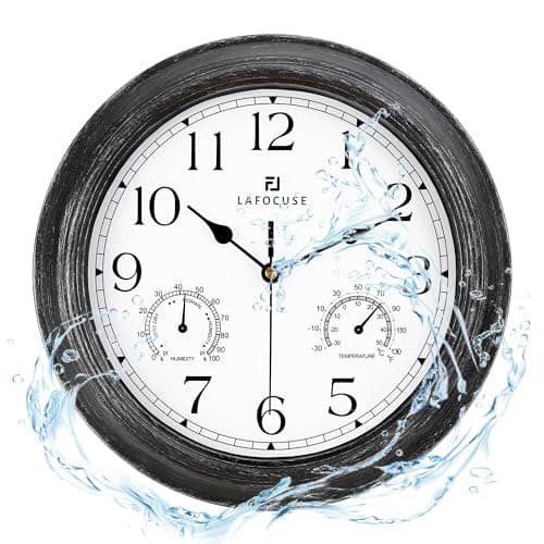 Lafocuse 30cm Horloge Murale Exterieure Etanche avec Thermomètre et Hygromètre, Vintage Noir Pendule Murale Retro, Silencieuse Shabby Chic Deco pour Extérieur, Jardin, Balcon, Salle de Bain, Cuisine