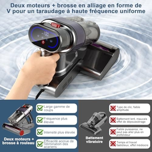 Nailaby Aspirateur Anti-acariens avec capteur d'acariens et Affichage LED, 500 W 15 KPa Aspirateur Anti-acariens pour Matelas avec lumière UV-C, ultrasons, 65 °C 5 s, Chauffage Rapide,élimine 99,99%