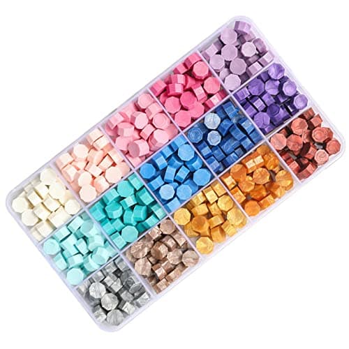 Perles de Cire à Cacheter 375 Pièces,15 Couleurs Sceaux de Cire Octogonaux pour Rétro Cachetage de Timbres,Enveloppes, Invitations de Mariage,Emballage de Cadeaux (Série Macaron)