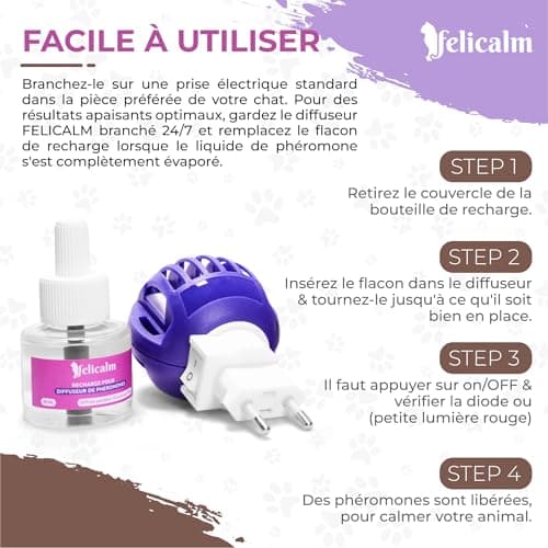 FELICALM Paris -Nouvelle Formule de PHEROMONE pour Chat et Chaton -DIFFUSEUR Intelligent ECONOMIQUE SECURITAIRE + Recharge de 48 ML- Anti Stress pour Chat- CALMANT- Bonheur et Harmonie.