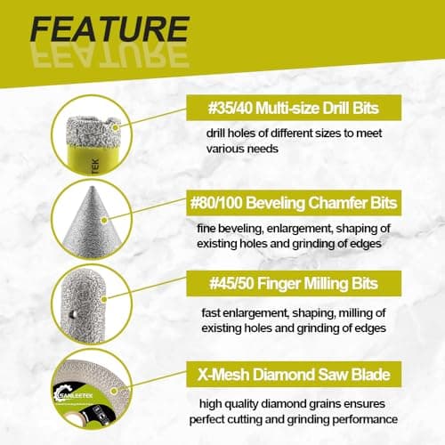SANLEETEK Foret Diamant Carrelage Kit (6/8/10/20/25/35/50/68+10mmFraise Diamant+50mmMèches Chanfrein+115mm Disque+Adaptateur) Scie Cloche pour Carrelage Céramique Porcelaine Marbre Granit M14 Filetage