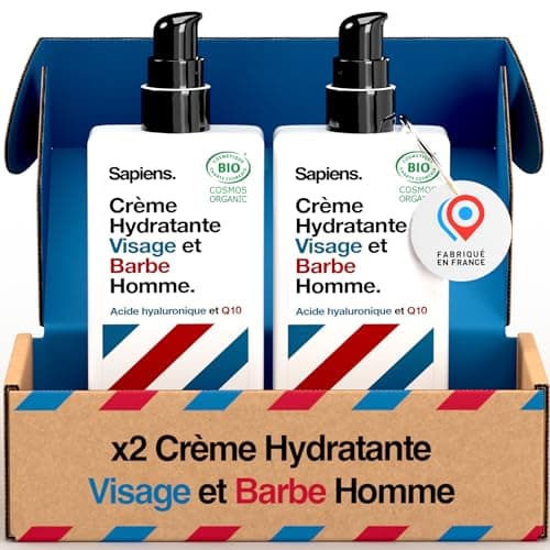Sapiens Barbershop Crème Hydratante Visage Barbe Homme Bio 80ml x2-2en1 Crème Visage & Soin Barbe Homme - Acide hyaluronique et Q10 - Soin Visage Anti Ride, Anti Cerne - Tous types de peaux