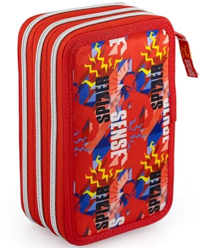 Clondo Trousse Triple Remplie Enfant, pour Spiderman Fan, 45 Accessoires Scolaires, 3 Fermetures Éclair, Compartiments Organisés, Crayons de Couleur, Feutres, Colle, Ciseaux