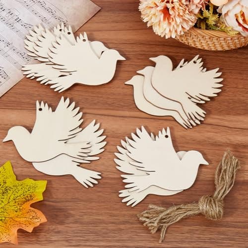 GORGECRAFT 20 Petit Oiseau en Bois Inachevé Décorations Découpées en Bois Colombe de la Paix Décoration D'Oiseau Suspendue Tranches Vierges avec Trou Corde de Chanvre pour Mariage Anniversaire Noël