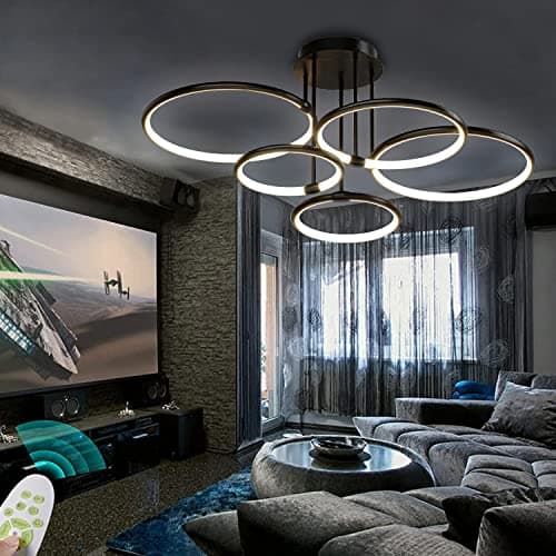 Plafonnier LED Plafonnier moderne en anneau noir, dimmable 3000K-6500K avec télécommande Lampe de chambre à coucher pour le salon Chambre à coucher Bureau Salle à manger (5 anneaux)