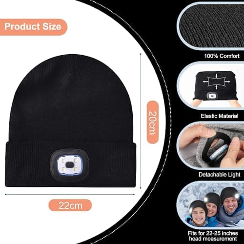 Stycizom LED Bonnet Lampe Frontale, Étanche Lumière Hiver Chaud Phare Cadeaux pour Hommes et Femmes,vélo Camping Randonnée en Plein air Coiffe Rechargeable
