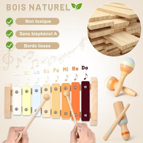 Joellfuner Instrument de Musique Bebe, Jouet Musique Bois Enfant, Montessori Jouet Musique, Percussion Bois avec Xylophone, Musique Anniversaire Cadeau pour Fille Garçons 3+