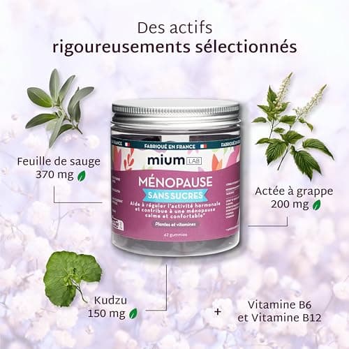 Mium Lab - Ménopause Sans Hormones Cure 21 Jours | Bouffées de Chaleur, Sueurs nocturnes, Humeur, Stress | Plantes (Gattilier, Sauge, Kudzu) & Vitamines | 42 Gummies Sans Sucre | Fabriqués en France