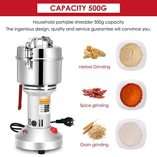 Moulin à Céréales Électrique, Couleeur 500g Haute Vitesse Broyage Moulin à Épices Moulin Epices Grinder Électrique avec 3 Lames en Acier Inoxydable Machine à Poudre pour Céréales Herbes Épices Noix