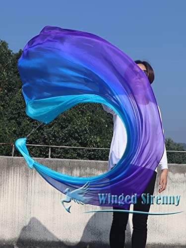 Winged Sirenny 1 Pièce 180cm Poi Voile de Danse Orientale (Baladi), Accessoire De Danse Ventre en Vraie Soie (Turquoise-Bleu-Violet)