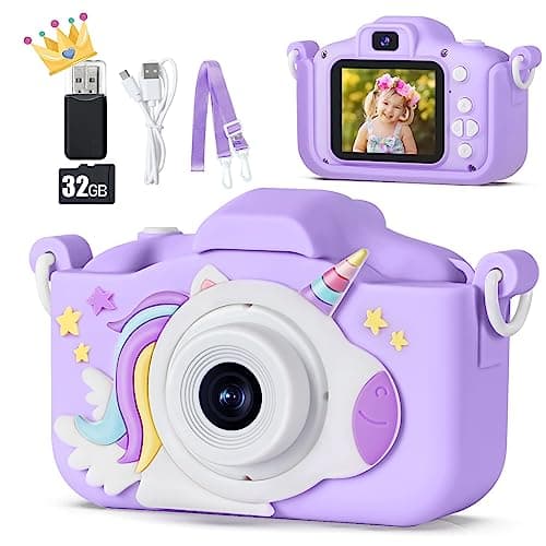 Appareil Photo Enfant 3-12 Ans, 48MP Appareil Photo 1080P Vidéo HD Appareil Photo Enfant Rechargeable Caméscope, Cadeau Jouet Filles Garçons 3 4 5 6 7 8 9 10 Ans, 32G SD Carte et Licorne Étui Silicone