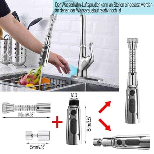 Mousseur Robinet 360° Pivotant pour Cuisine, Aérateur de Robinet Évierr, Robinet Barboteur avec Tuyau Prolongé, Filtre de Buse Tête, avec 5 Adaptateur Fileté de Buse pour M22 à M20,M22,M24,G1/2,FM20