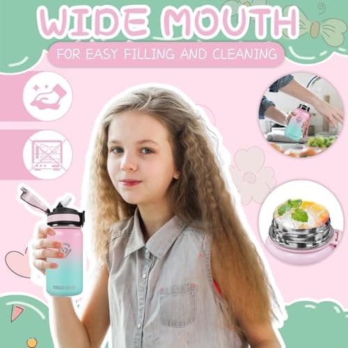 Grsta Gourde Enfant, Gourde Isotherme Sans BPA, Gourde 500ml Garçons & Filles, Gourde avec Paille, Réutilisable, Gourde Anti Fuite, Facile à Nettoyer, Gourde pour École, Bureau, Outdoor