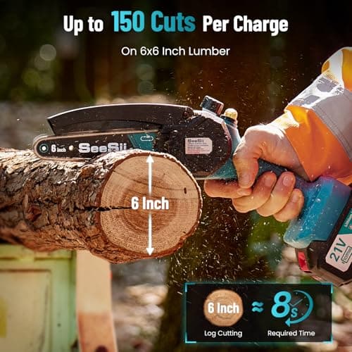 Mini Tronçonneuse à Batterie 8000mAh, Seesii 6 Pouces Tronçonneuse Électrique sans Fil, avec Injecteur de Lubrifiant et 2 Batteries 4.0 mAh, Mini Scie à Chaîne Électrique, 2 Chaînes