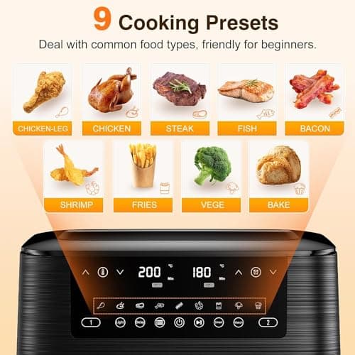 9L Dual Zone Air Fryer avec Fenêtre de Visualisation, Friteuse sans Huile avec 2 Tiroir, 9-in-1 Programmes de Cuisson, Écran Tactile, Fonction Rendez-vous, Faible en Grasses, Va au Lave-vaisselle
