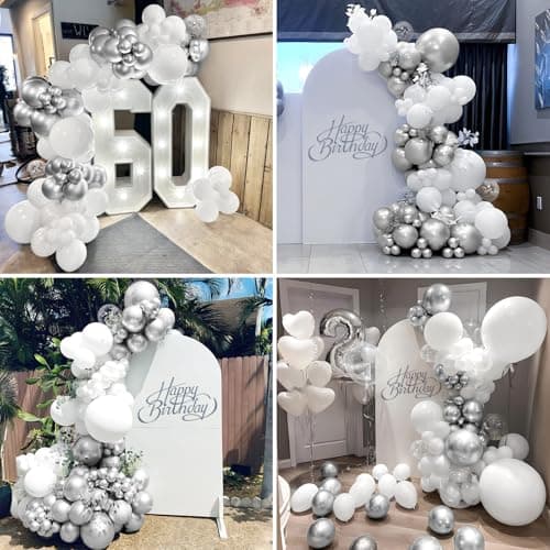 Kit d'Arche Guirlande Ballons Blanc Et Argenté, 116 Pièces Kit d'Arche Ballons Blanc Argenté Métallisé Avec Ballons Confettis Pour Femmes Filles Anniversaire Fête Prénatale Mariage Décoration