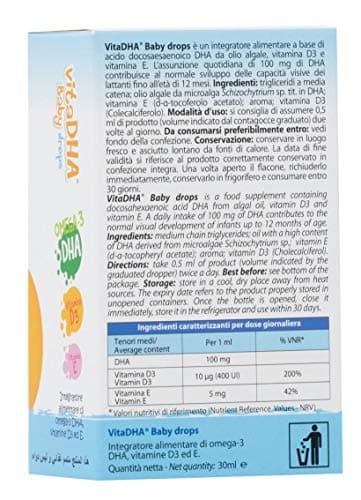 VitaDHA Baby drops – Complément alimentaire d'oméga-3 DHA pur - Avec vitamine D3 et E - Pour bébés et enfants - Sans gluten ni lactose - Goût lait et crème - Compte-gouttes pratique - 30 ml