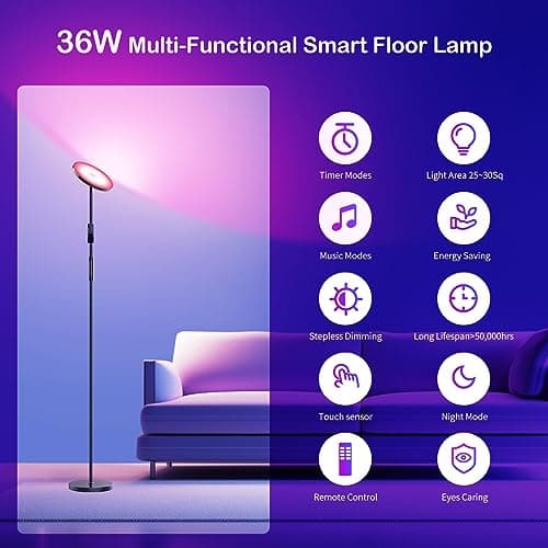 Gobikey Lampadaire LED, 36W/3000LM Lampadaire Moderne, Lampadaire de Salon avec Télécommande et Ecran Tactile, 2700K-6500K Lampadaire Dimmable pour Salon, Chambre et Bureau [Classe énergétique F]