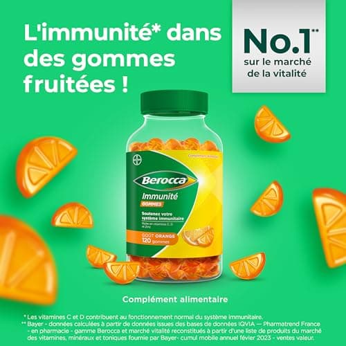 Berocca® Immunité gommes - Multivitamines Complément alimentaire - 8 vitamines et minéraux - Dont vitamine C, D et Zinc - Soutient l'immunité au quotidien - Goût orange 120 gommes