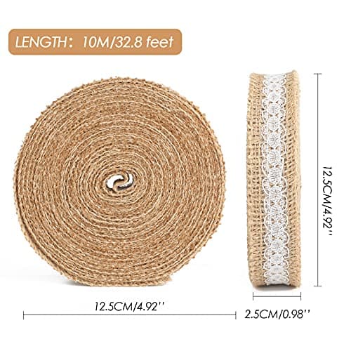 jijAcraft 2,5cm Ruban Jute Dentelle, 10M Dentelle Rouleau Toile de Jute, Rouleau Toile de Jute Naturel pour décorer Mariages Champêtres Anniversaires Artisanat