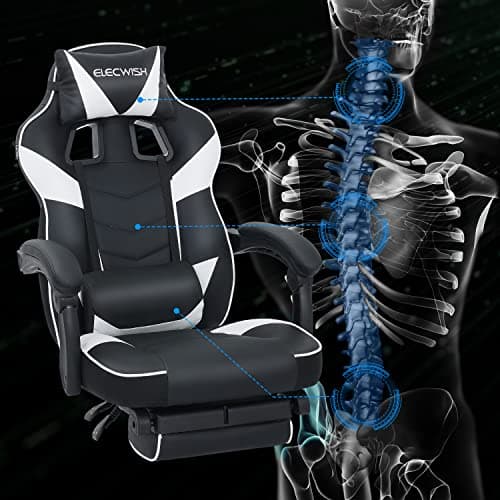 YU YUSING Massage Chaise Gaming Ergonomique Racing Chaise de Bureau avec Réglage de Hauteur, Repose-tête et Soutien des Lombaires, PU Cuir avec Repose-Pieds Rétractable, (Blanc)