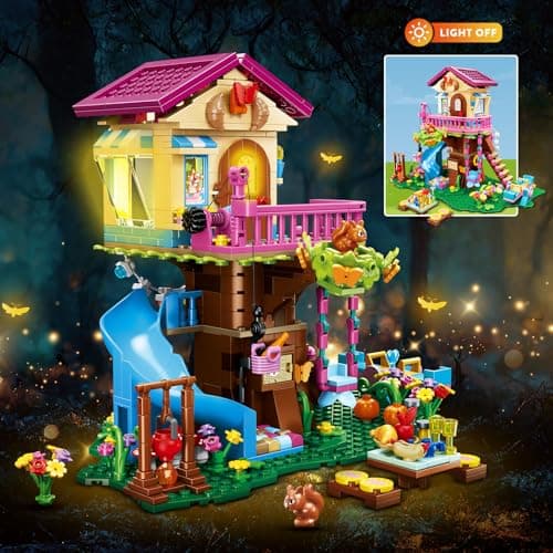 CUBIMANA Jouets de Construction de cabane dans Les Arbres avec lumière LED - 618 pièces Ensemble de Construction de Maison à 3 étages, Cadeaux de Noël pour Enfants Filles garçons