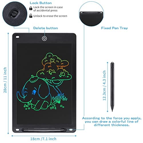 Coolzon Tablette Dessin Enfant, 12 pouces Tablette D'écriture Effaçable Et réutilisables,Ardoise Magique pour Dessin de peinture et listes de notes, Autocollants de Dessins Animés Gratuits,Noir