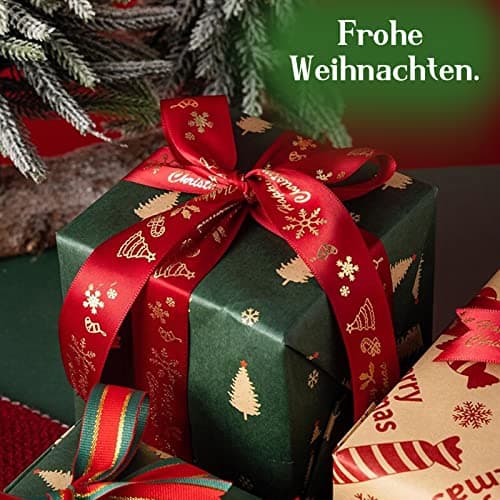 20 Yards Ruban Noel, 2 Rouleaux Ruban de Noel Vert/Rouge, Ruban Cadeau de Noël, 20mm de Large Avec Motif de Noël Pour Emballer Les Cadeaux de Noël (10 Yards/Rouleaux)