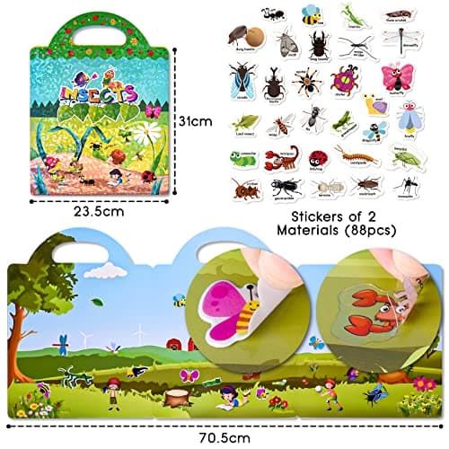 Astaron Livre d'autocollants gonflés 3D réutilisables pour Enfants de 2 à 6 Ans, Autocollants d'insectes imperméables Mignons 88 pièces, Autocollants de Voyage de Jeu et Livre occupé